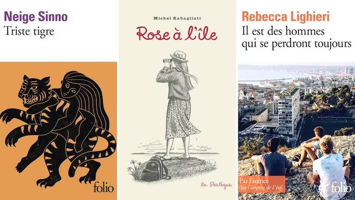 Couverture des livres Triste tigre de Neige Sinno, Rose &agrave; l&rsquo;&icirc;le de Michel Rabagliati et Il est des hommes qui se perdront toujours de Rebecca Lighieri.