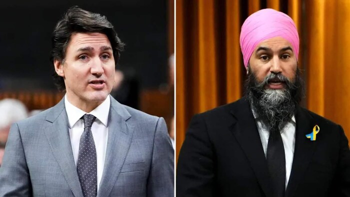 Deux portraits juxtaposés : Justin Trudeau et Jagmeet Singh.