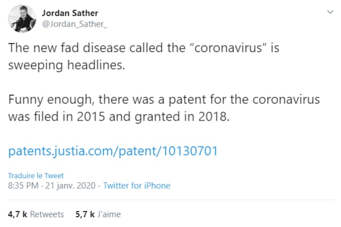 Un tweet de Jordan Sather, où il affirme que le coronavirus est une « mode » et qu'il existe brevet pour ce virus soumis en 2015 et approuvé en 2018.