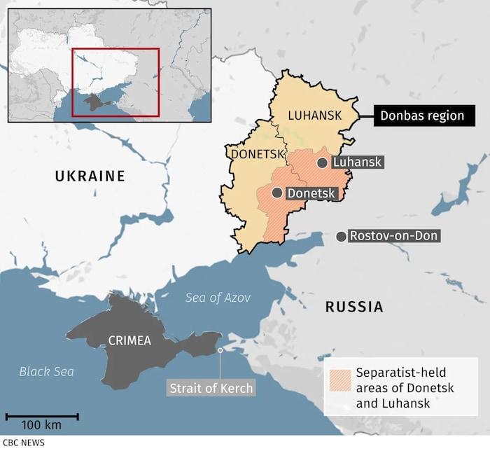 The Donbas region in eastern Ukraine is currently split between territory controlled by the government, in yellow, and territory held by Russia-supported separatists, in orange. The opposing sides have been fighting since 2014. 