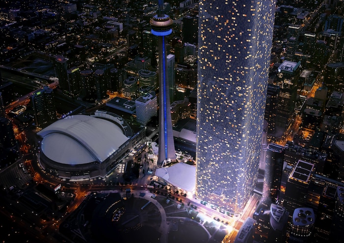 Rendu d'artiste d'une tour imaginaire géante à côté de la tour CN de Toronto.