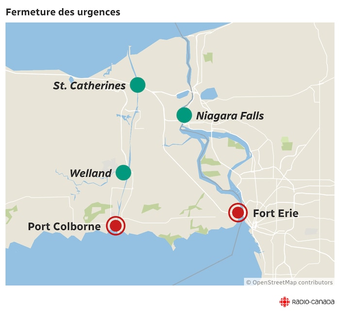 Une carte du Niagara montre les 5 villes disposant d'hôpitaux : St. Catherines, Niagara Falls et Welland sont identifiées par un point vert puisque leurs urgences resteront ouvertes la nuit. Port Colborne et Fort Erie s'affichent en rouge, c'est là que les urgences fermeront.