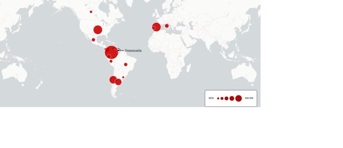 Carte du monde représentant le nombre d'exilés vénézuéliens.