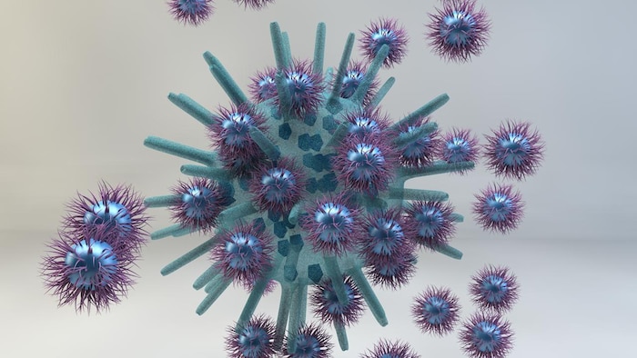 Représentation artistique d'une attaque imaginaire des nanoparticules sur un virus, conduisant à la perte de son intégrité.