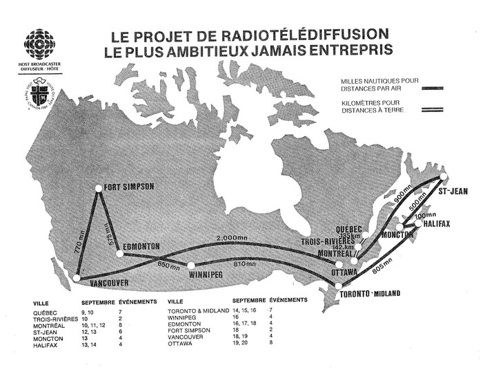 Carte illustrant l'itinéraire de la visite du pape Jean-Paul II au Canada.