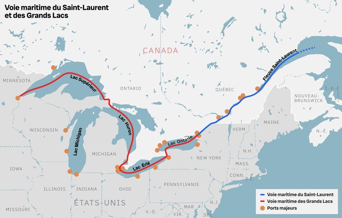 Carte montrant le trajet de la voie maritime, qui sillonne le fleuve Saint-Laurent, le lac Ontario, le lac Érié, le lac Huron ainsi que le lac Supérieur.