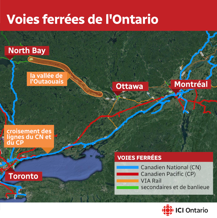 La carte montre les voies du CN et du CP en Ontario, elles sont parallèles sans se toucher à partir de l'est de Toronto jusqu'à la frontière du Québec.