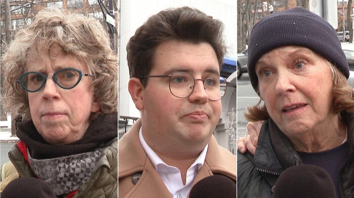 Montage de trois photos verticales de deux femmes et d'un homme importunés dans la rue par un journaliste.
