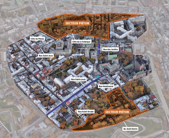 Gros plan d'une carte en trois dimensions du Vieux-Québec. Deux zones se démarquent et on peut lire sur celles-ci «secteur piéton».