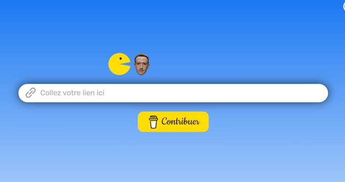 Une page web qui montre un Pac-Man en train de pourchasser Mark Zuckerberg, au-dessus d'une boîte pour insérer une URL. 