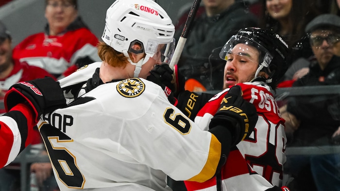 Deux joueurs de hockey s'empoignent lors d'une dispute pendant un match junior.