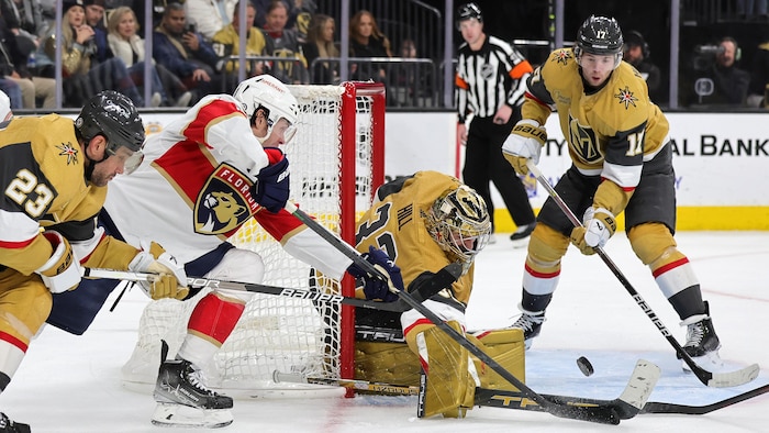 Un hockeyeur contourne le filet, son tir est repoussé par un gardien.