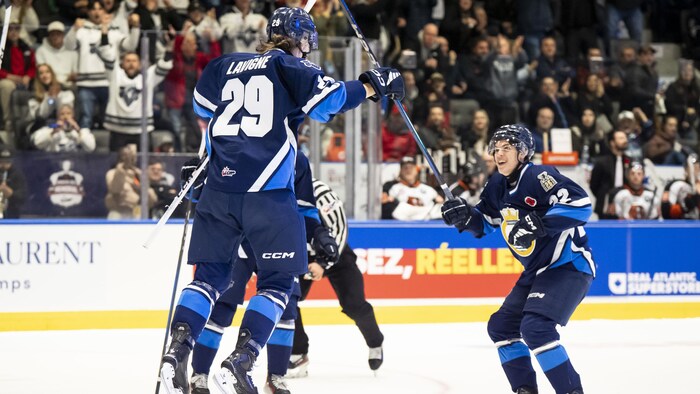 Un joueur de hockey saute dans les airs et un coéquipier se dirige vers lui en souriant.