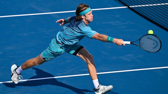 Il retourne la balle avec une volley au filet.
