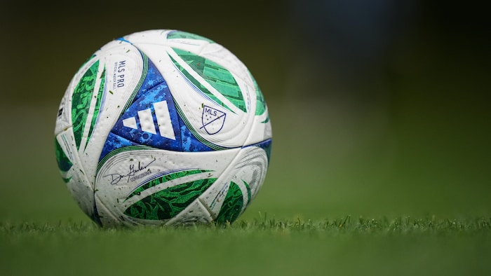 Un ballon de soccer est immobile sur le gazon.