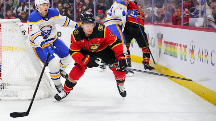 Des joueurs de hockey se disputent la rondelle.