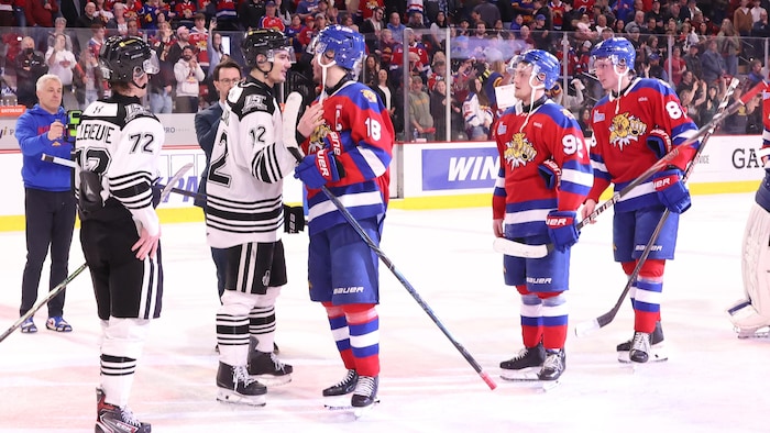Deux joueurs se parlent sur la glace.