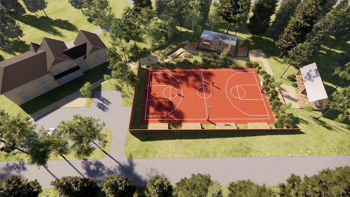 Une maquette d'un terrain de basketball en plein air.