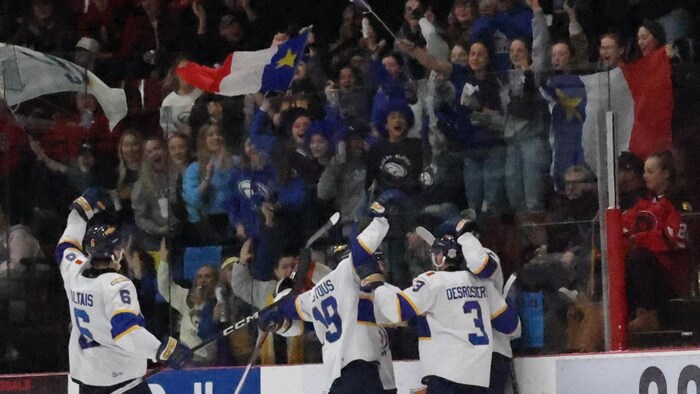 Des joueurs de hockey rassemblés se donnent des accolades devant des spectateurs aux couleurs de l'Acadie.