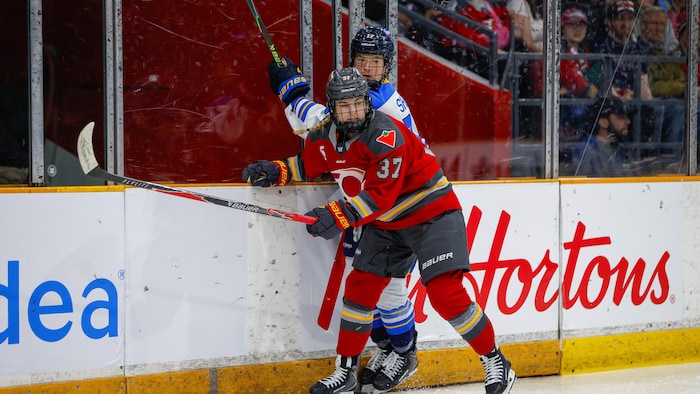 Deux joueuses se frappent pendant un match de hockey.