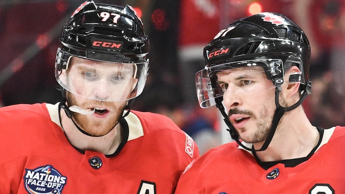 Deux hockeyeurs discutent pendant un match.