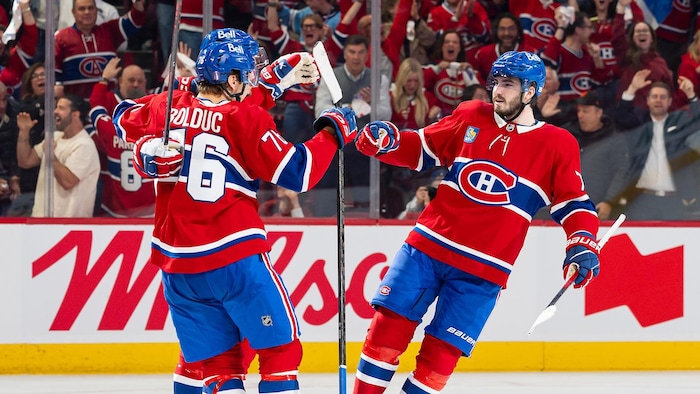 Des hockeyeurs célèbrent un but. 