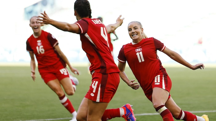 Des joueuses de soccer se regroupent pour célébrer un but.