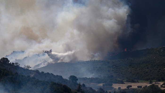 Les services de sécurité larguent de l’eau sur un incendie de forêt.