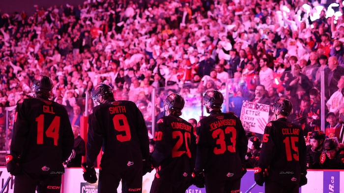 Joueurs debout sur la patinoire. Devant eux, une foule dans les estrades, avec des affiches.
