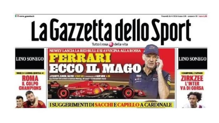 Une d'un journal, avec un titre en italien et une image d'un homme à casquette au téléphone.