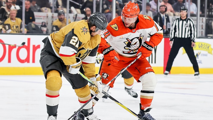 Deux joueurs de hockey se disputent la rondelle.