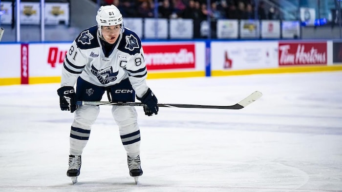 Un hockeyeur de l'Océanic de Rimouski regarde au loin pendant un match.