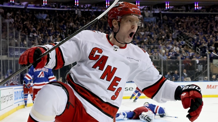 Un joueur de hockey célèbre un but.