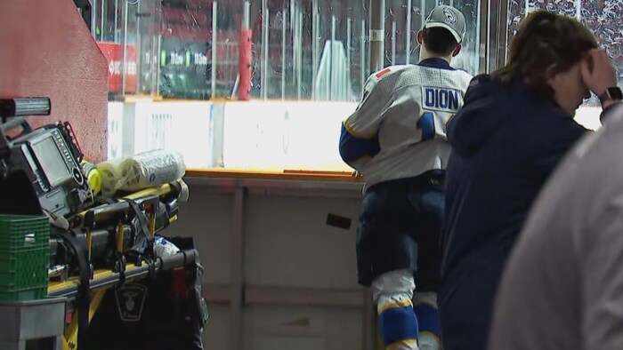 Joueur de hockey, de dos, regardant la patinoire.