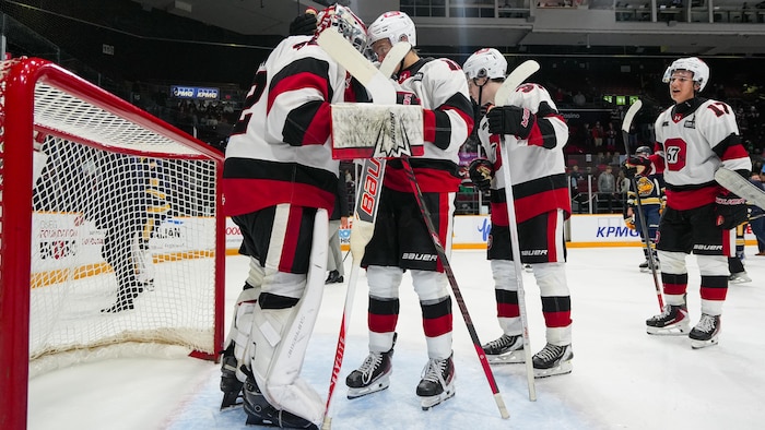 Des joueurs de hockey se font l'accolade après une victoire.