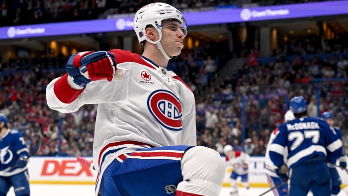 Un joueur de hockey célèbre son but.