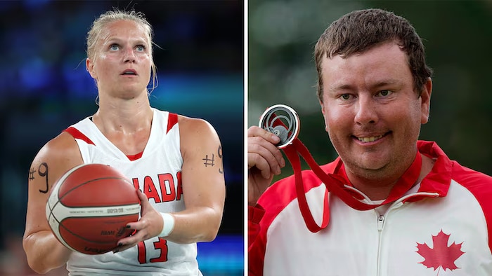 Montage photo où elle s'apprête à faire un lancer au basketball, tandis qu'il tient une médaille.