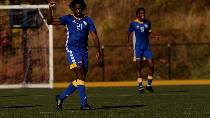 Joueur de soccer, le poing en l'air.