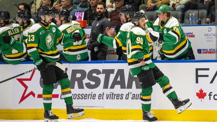 Deux patineurs donnent la main à des coéquipiers sur la banc.