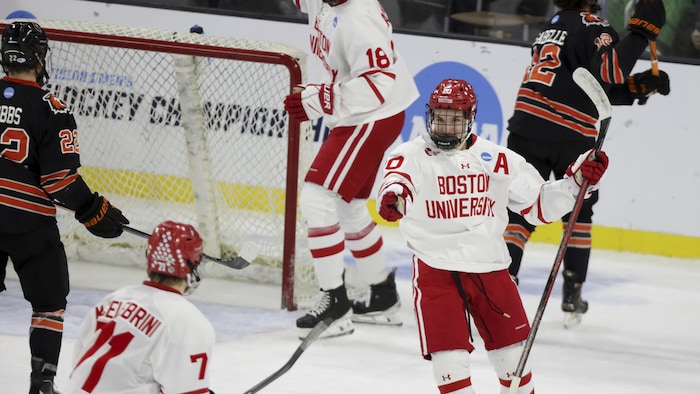Deux hockeyeurs célèbrent un but.