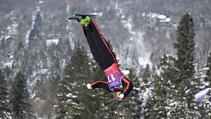 Il complète une figure en plein saut, avec une montagne enneigée en arrière-plan.