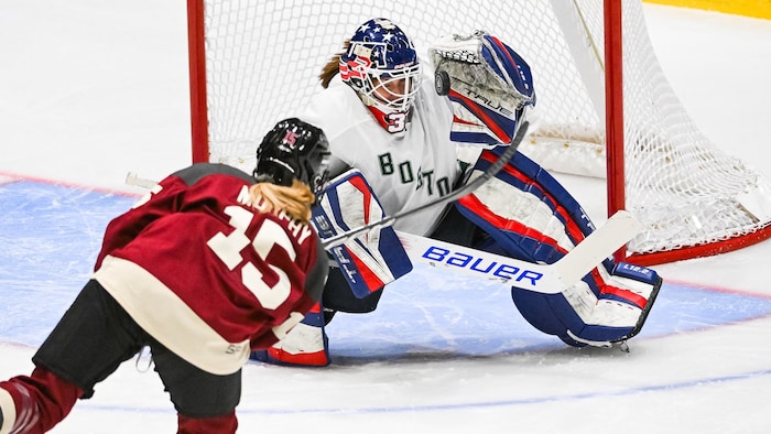 The goalkeeper blocks a shot from the Montreal forward. 