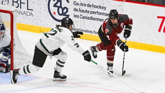 Deux joueuses de hockey d'équipes adverses tentent de maîtriser une rondelle à la gauche du filet.