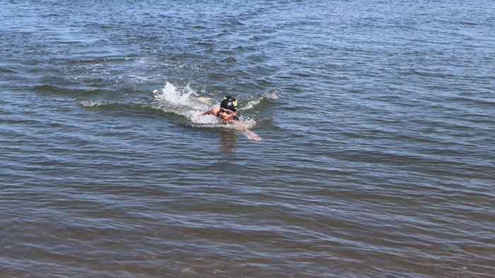 Un nageur dans l'eau, la tête sortie.