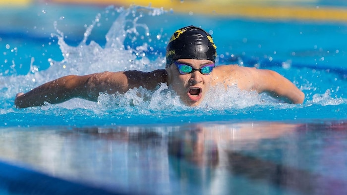 Un nageur dans la piscine, en train de nager, prenant une grande respiration.