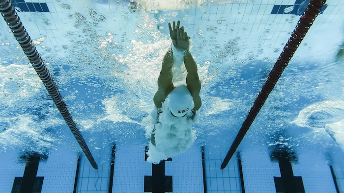 Une vue en contre-plongée d'une nageuse en action dans une piscine.