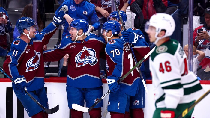  Nicolas Roy #10 of the Colorado Avalanche celebrates a second period goal with teammates against the Minnesota Wild in Game Two of the Second Round of the 2026 Stanley Cup Playoffs at Ball Arena on May 05, 2026 in Denver, Colorado. (Photo by Tyler Schank/Clarkson Creative/Getty Images)