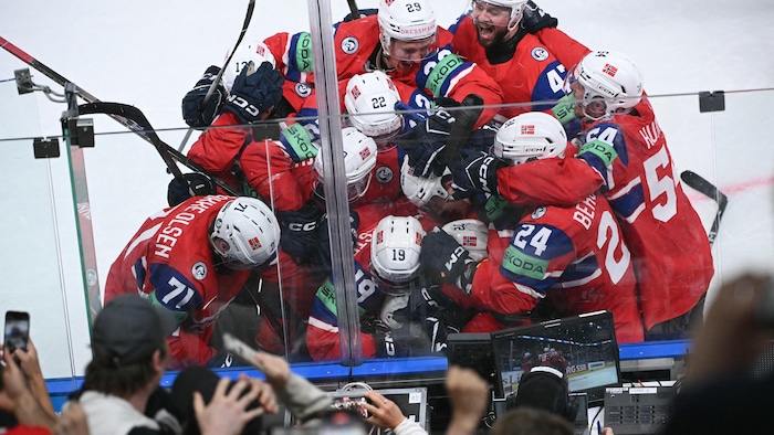 Une dizaine de joueurs célèbrent leur victoire en extase.