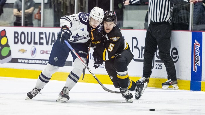 Deux joueurs de hockey luttent pour la rondelle lors d'une rencontre opposant l'Océanic de Rimouski aux Eagles du Cap-Breton.