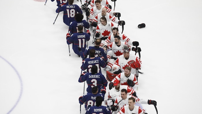 Après un match, Canadiens et Américains se serrent la main.